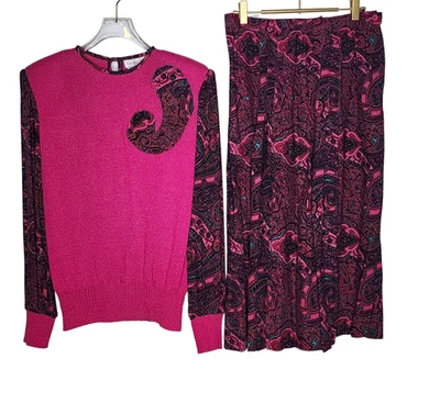 Conjunto Falda Dos Piezas Vintage Años 80 Rosa Magenta Paisley Anthony Sicari Talla 12 Foto 1 de 4