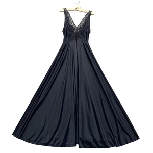 Camicia da notte vintage Olga 9687 body seta nera bordo pizzo scollo a V maxi full sweep M - Foto 1 di 11