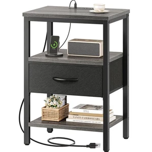 Nightstand with Charging Station, Bed Side Table with Adjustable Fabric Drawe... - Picture 1 of 8