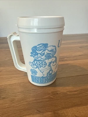 UNC Tarheels Rameses VTG Insulated Mug 22 Oz USA Made White Blue Imprint - Image 1 of 4