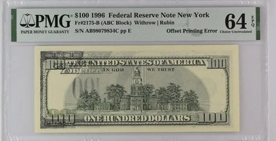 1996 $100 Federal Reserve Note NY FR# 2175-B Offset Printing Error MS-64 EPQ PMG - Image 1 of 2