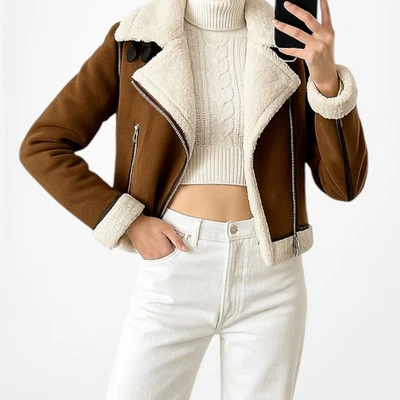 Chaqueta estilo motocicleta Zara gamuza marrón polar forrada detalle hebilla talla S Foto 1 de 4