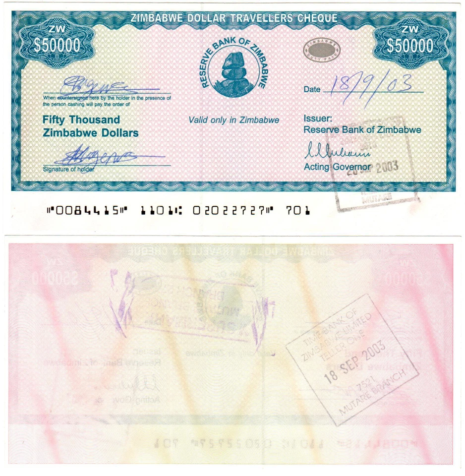 Zimbabwe Travellers Cheque 50 000 Dollars P#19 (2003)  - Image 1 of 1