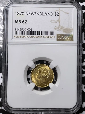 1870 Newfoundland $2 Dollars NGC MS62 Lot#G4881 Gold! Nice UNC! Cover