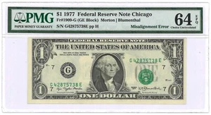 1977 $1 Federal Reserve Note Chicago Fr#1909-G PMG Ch UNC 64 EPQ Error - Picture 1 of 3