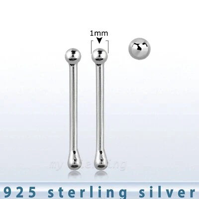 2pcs. 22g (0.6mm) 1mm Ball Top .925 Sterling Silver Nose Bone Stud - Image 1 of 2