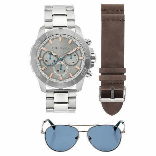 Vince Camuto Chronograph Stainless Steel Men's Watch and Sunglass Set