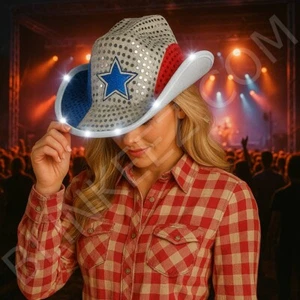 Cappello Cowboy ROSSO BIANCO BLU Lampeggiante 4 Luglio Illuminato, Cappello Paillettes Lampeggiante - Foto 1 di 15