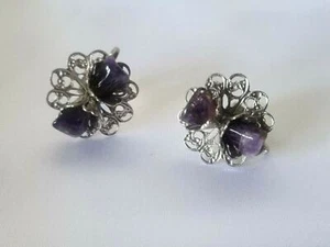 Vintage 1960's SOFTOUCH Signed Silver Tone Purple Stones 3D Clip On Earrings - Picture 1 of 5