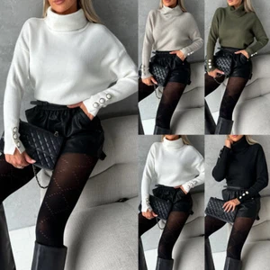 Women's Turtleneck Plain Sweatshirt Casual Loose Button Long Sleeve Blouse Top - Picture 1 of 18