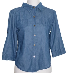 Body Central Womens Blouse Blue Size M Button Front Denim Lace Back 3/4 Sleeves - Picture 1 of 9
