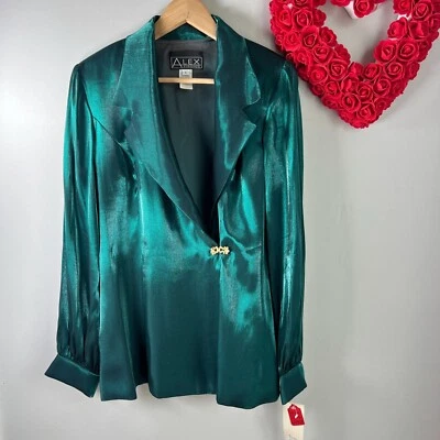 Alex Evenings Womens Metallic Satin Blazer Sz LARGE in Hunter Green - Image 1 of 4