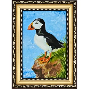 Original Oil Painting Atlantic Puffin Iceland Coastal Bird Art 4x6 inch Framed - Picture 1 of 14