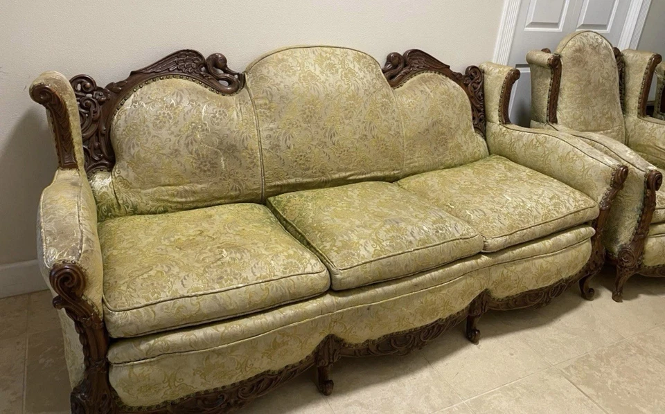3 Prices French Swan Couch and Chair Set Hand Carved Solid Wood. Beautiful Set - Image 1 of 4