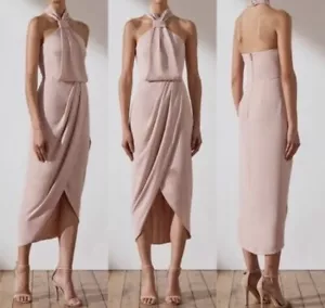 Shona Joy Womens NEW Pink Halter Neck Midi Dress Size 14 NWT Knot Drape Dress - Picture 1 of 7