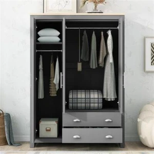 Three Door Storage Wardrobe with Cabinets and Two Hanging Rods,Gray - Picture 1 of 15