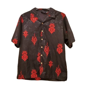Anchor Blue Shirt Men's Large Button-Up Short-Sleeves Black Red Tropical VGUC - Picture 1 of 6