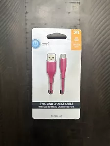 Onn Sync And Charge Cable, With USB To MICRO-USB Connectors 3 Feet New PINK - Picture 1 of 2