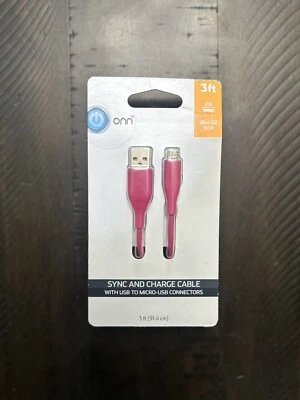 Onn Sync And Charge Cable, With USB To MICRO-USB Connectors 3 Feet New PINK - Image 1 of 2