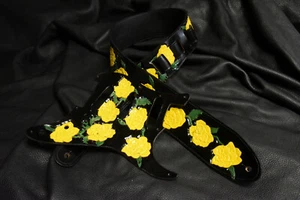 leather guitar strap and pickguard custom made all by hand  3" Roses yellow   - Picture 1 of 11