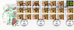 1995 #2949a 32c LOVE BOOKLET PANE OF 18 OVERSIZE FDC ARTMASTER CACHET UA GEM! - Picture 1 of 2