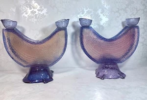 Set of 2 Murano Purple Lavenda Glass Boat Shaped Double Votive Candle Holder - Picture 1 of 11