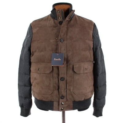 Zanella NWT Wool / Goat Suede Quilted Down Jacket Size Large US In Gray & Brown - Image 1 of 4