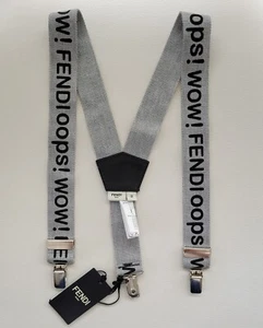 NWT NEW Fendi Kids Gray Fendi print rubber black leather adjustable suspenders  - Picture 1 of 10