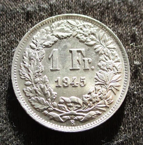 OLD SILVER 1 FRANC 1945 COIN OF SWITZERLAND HELVETIA WORLD WAR II Ag (2) - Picture 1 of 2