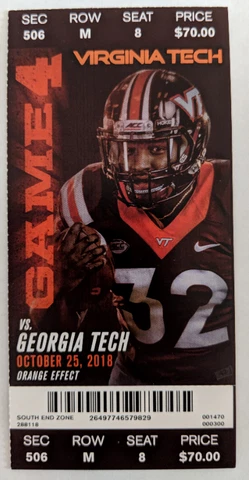 2018 Virginia Tech vs Georgia Tech Ticket Stub 10/25/2018 Cover