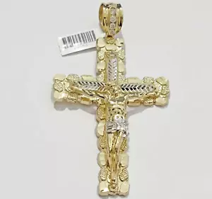 Real 10k Gold Cross Charm Pendant Jesus Crucifix 3.5'' Inch Men 10KT Yellow Gold - Picture 1 of 6