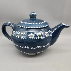 Hand Painted Teapot Austria, Teal Blue Raised White Dots Floral Vintage 4-Cup G9 - Picture 1 of 11
