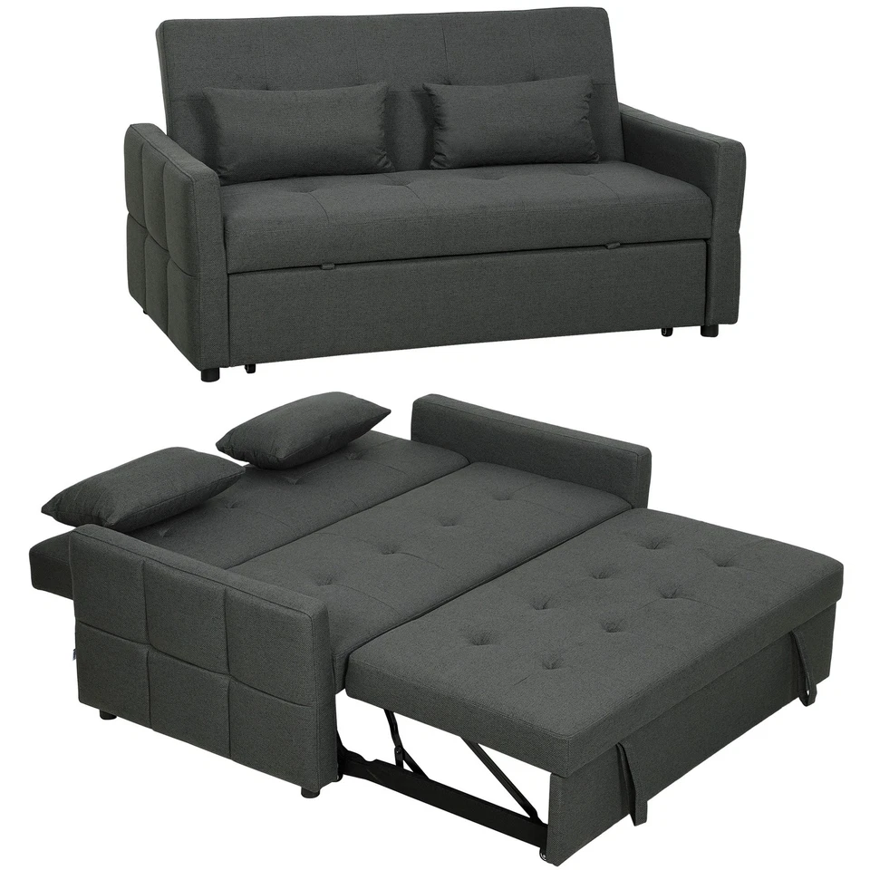 HOMCOM 2 Seater Sofa Bed, Convertible Pull Out Bed Settee, Charcoal Grey - Image 1 of 4