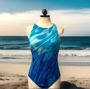 Swimsuit Jantzen One Piece Blue Turquoise Ombré Waves Print Sz 16 Vtg 90s USA - Picture 1 of 11