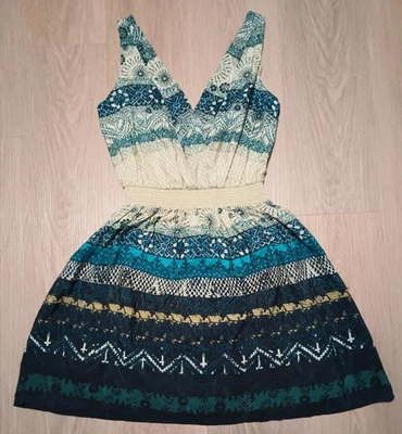 New WISH Azure Desert Silk Surplice Wrap Tribal Southwest Cutout Mini Dress 6 - Image 1 of 4