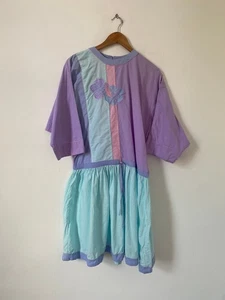 Vintage Phool Dress Medium Large Purple Blue Pastel Embroidered Indian Cotton - Picture 1 of 10