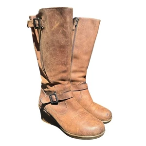 Keen of Scots Wedge Boots Tall Leather Buckle Accent Brown 6.5 Rustic Boho - Picture 1 of 12