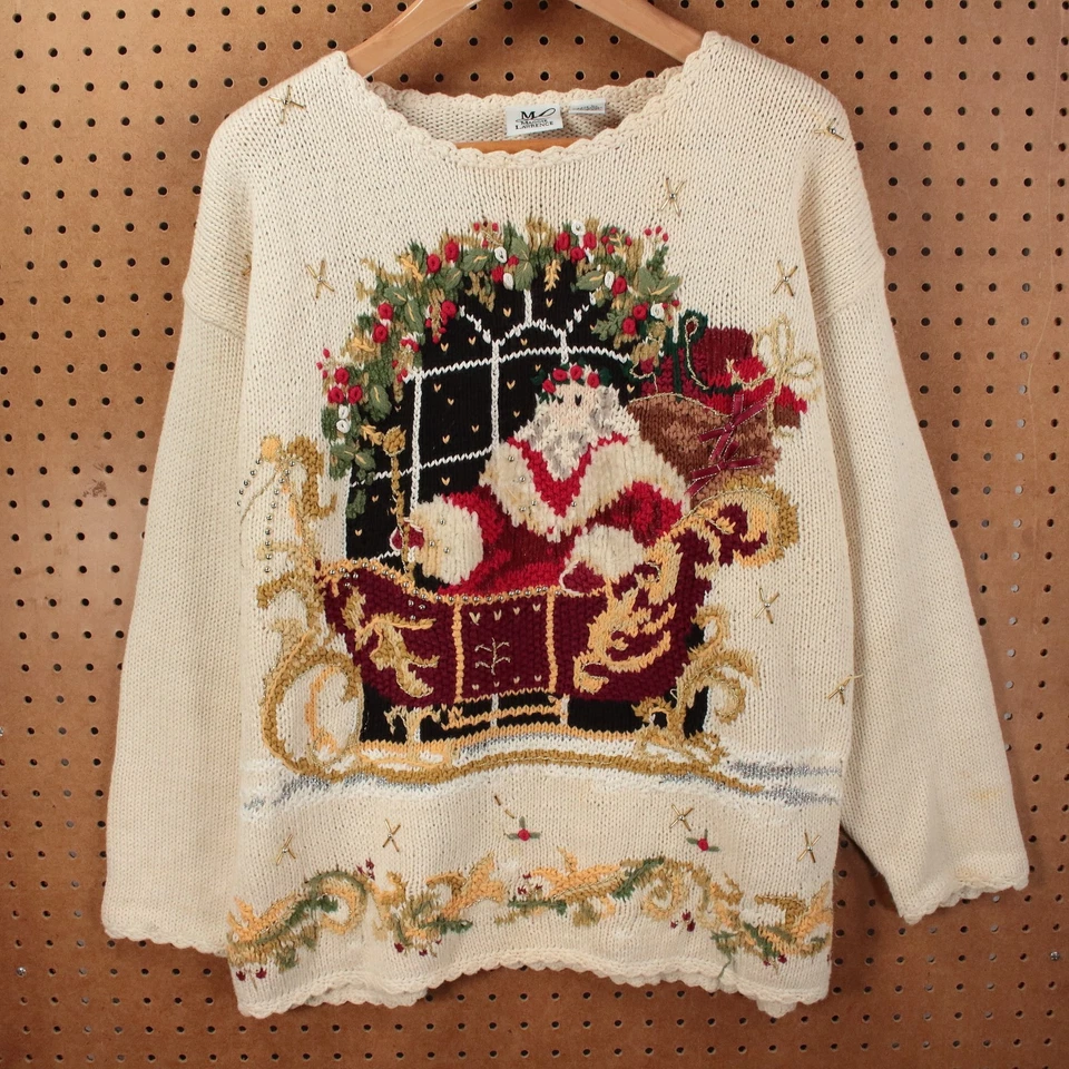 De colección Años 90 MAGGIE LAWRENCE Fea Navidad Santa Trineo Ramio Algodón Suéter GRANDE Foto 1 de 4
