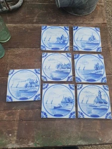 Antique Blue Delft tiles X7 Early 19th C Boat & Building Themes - Picture 1 of 15