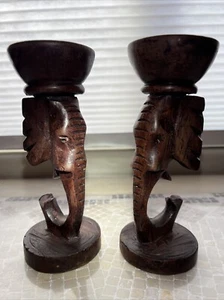 Elephant Taper Candle Sticks; 2 Hand Carved Wood Elephant Head - Picture 1 of 7