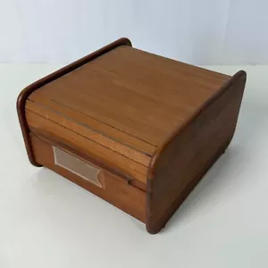 Vintage MCM Teak Tech Tambour Roll Top Wood Storage Box Cassette Storage - Picture 1 of 7
