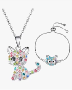 Coloured Rhinestone Cat Pendant Necklace & Bracelet Set. Silverplated. Boxed. - Picture 1 of 24