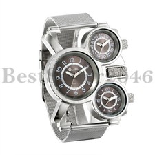 Men Multi Time Zone Analog Quartz Watch Military Sport Stainless Steel Mesh Band