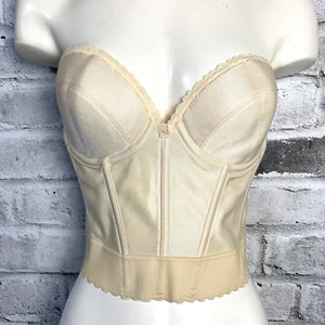 Vintage Bustier Corset Top 38 B Nude Satin Lace Low Back Boned Underwire New Y2K - Picture 1 of 12