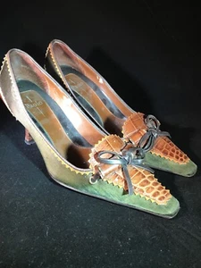 PAOLO GREEN/BROWN PUMP SHOES WITH BOW SIZE 4 1/2M W/ CLOTH BAG#32  - Picture 1 of 7