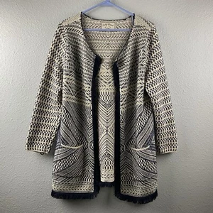 Lucky Brand Open Front Knit Cardigan Blue Tan Southwest Fringe Trim Zip Wrists L - Picture 1 of 18