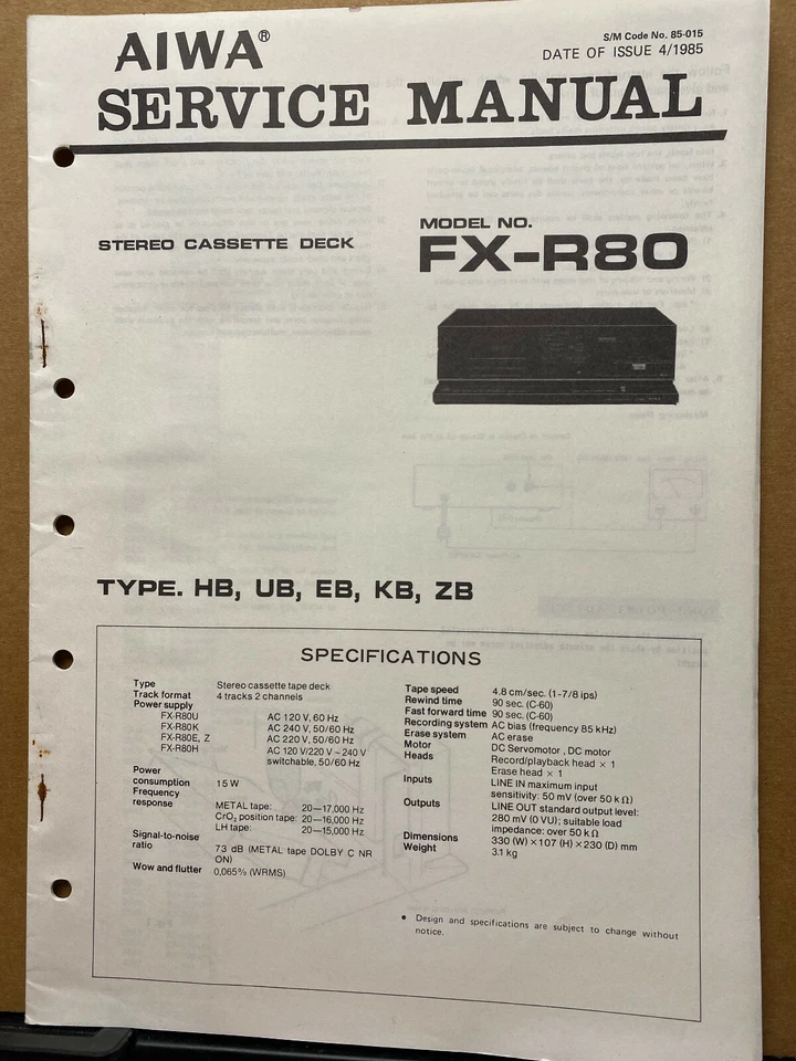 Original Service Manual for the AIWA FX-R80 Cassette Tape Deck - Image 1 of 1