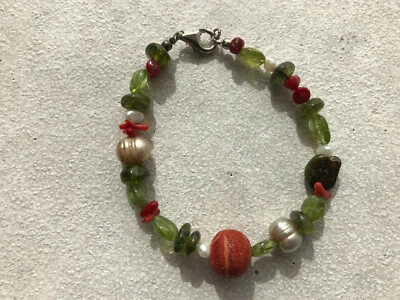 Armband Koralle Peridot Süsswasserperlen weiss+beige grüner Türkis Silber 925  - Bild 1 von 4