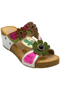 L'Artiste by Spring Step Leather Wedge Sandals Adelanda White Multi - Picture 1 of 3