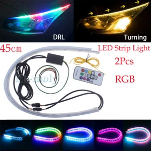 2Pcs 45CM RGB Ultra Thin Soft LED DRL Headlight Strip Light Sequential Flexible - Picture 1 of 12